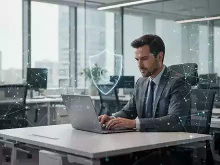 Ein professioneller Arbeitsplatz im Büro mit digitaler Netzwerkgrafik als Symbol für integrierte Cybersicherheit. - Foto: über boerse-global.de