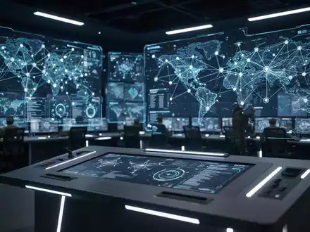 Holografische Militärkommando-Schnittstelle mit komplexen Datenknoten und digitaler Kartierung in einem modernen Kontrollzentrum. - Foto: über boerse-global.de