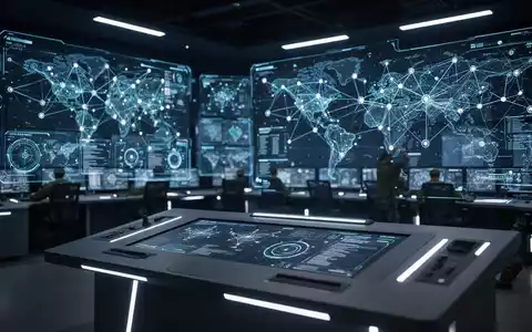 Holografische Militärkommando-Schnittstelle mit komplexen Datenknoten und digitaler Kartierung in einem modernen Kontrollzentrum. - Foto: über boerse-global.de