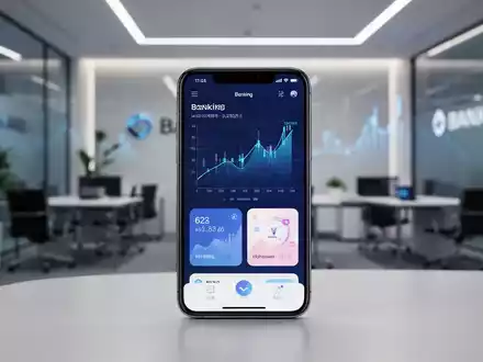 Ein Smartphone mit Banking-App vor unscharfem Hintergrund eines modernen Bankbüros. - Foto: über boerse-global.de