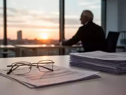 Ein Schreibtisch mit Rentenunterlagen und einer Brille vor einem Fenster, das einen Blick auf einen Sonnenaufgang freigibt. - Foto: über boerse-global.de