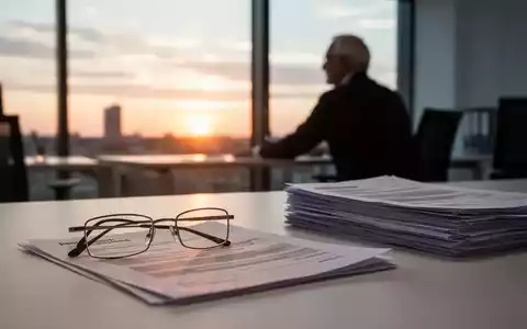 Ein Schreibtisch mit Rentenunterlagen und einer Brille vor einem Fenster, das einen Blick auf einen Sonnenaufgang freigibt. - Foto: über boerse-global.de