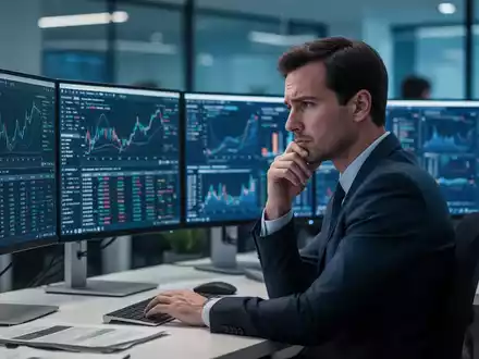 Gestresster Büroangestellter vor Computerbildschirmen, der die psychische Belastung durch den digitalen Wandel symbolisiert. - Foto: über boerse-global.de