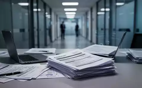 Ein moderner Schreibtisch mit Laptop und Aktenstapeln, der die organisatorische Komplexität im betrieblichen Kontext symbolisiert. - Foto: über boerse-global.de
