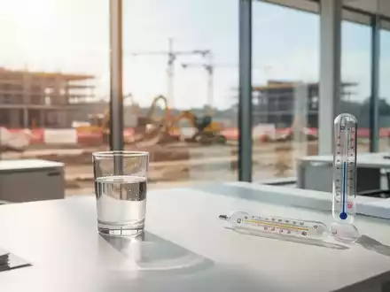 Ein modernes Büro mit einem Thermometer auf dem Schreibtisch und einem Glas Wasser vor einem hellen Fenster. - Foto: über boerse-global.de