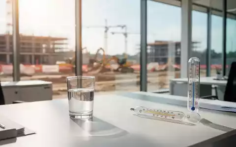 Ein modernes Büro mit einem Thermometer auf dem Schreibtisch und einem Glas Wasser vor einem hellen Fenster. - Foto: über boerse-global.de