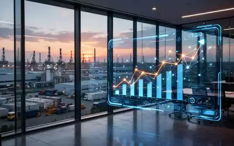 Modernes Firmenbüro mit Blick auf einen Industriepark, digitale Finanzcharts auf einem Bildschirm. - Foto: über boerse-global.de