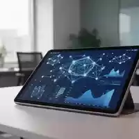 Ein digitales Tablet auf einem Schreibtisch zeigt abstrakte Datenvisualisierungen und KI-Netzwerkknoten in einem modernen Büro. - Foto: über boerse-global.de