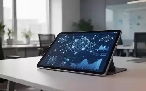 Ein digitales Tablet auf einem Schreibtisch zeigt abstrakte Datenvisualisierungen und KI-Netzwerkknoten in einem modernen Büro. - Foto: über boerse-global.de
