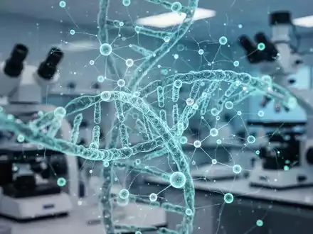 Digitale Visualisierung von DNA-Strukturen und KI-Netzwerken in einem modernen Labor für synthetische Biologie. - Foto: über boerse-global.de