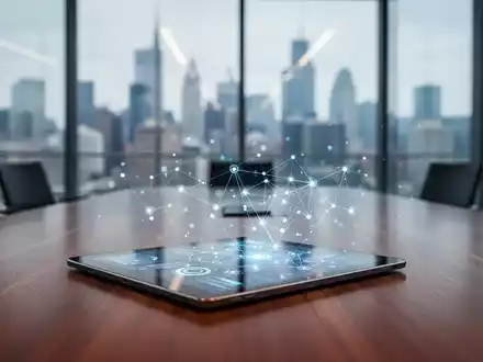 Ein digitales Tablet auf einem Konferenztisch zeigt abstrakte Netzwerkdaten-Visualisierungen zur Regulierung digitaler Plattformen. - Foto: über boerse-global.de