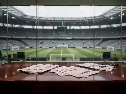 Ein minimalistisches, professionelles Büro mit Blick auf ein Fußballstadion im Hintergrund, das finanzielle Transparenz symbolisiert. - Foto: über boerse-global.de