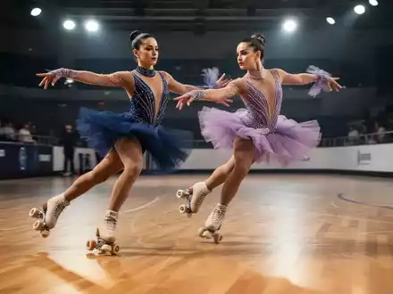 Zwei Rollkunstläufer bei einer synchronen Darbietung in einer Trainingshalle. - Foto: über boerse-global.de