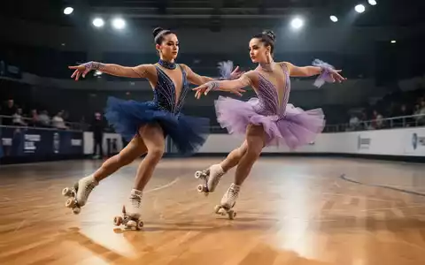Zwei Rollkunstläufer bei einer synchronen Darbietung in einer Trainingshalle. - Foto: über boerse-global.de