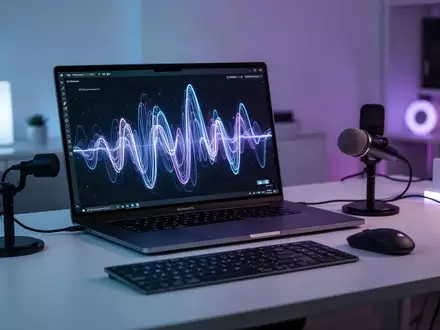 Ein moderner Arbeitsplatz mit Laptop und einer abstrakt visualisierten Sprachwellenform auf dem Bildschirm. - Foto: über boerse-global.de
