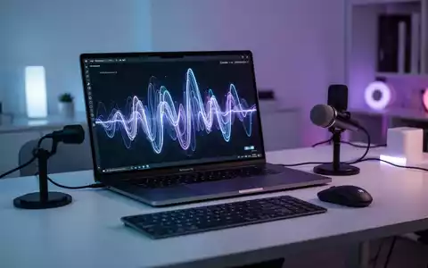 Ein moderner Arbeitsplatz mit Laptop und einer abstrakt visualisierten Sprachwellenform auf dem Bildschirm. - Foto: über boerse-global.de
