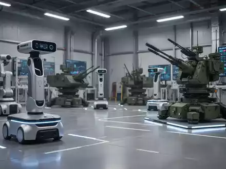 Moderne autonome Verteidigungstechnologie und Robotik in einer Industriehalle. - Foto: über boerse-global.de