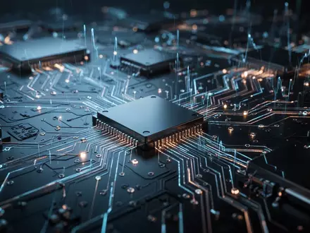 Abstrakte Darstellung der Halbleiter- und Datenspeicherindustrie mit glänzenden, technologischen Oberflächen und Lichtreflexen. - Foto: über boerse-global.de
