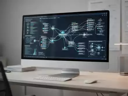 Moderner Arbeitsplatz mit Bildschirm, der komplexe digitale Datenvisualisierung und Wissensarchitektur zeigt. - Foto: über boerse-global.de