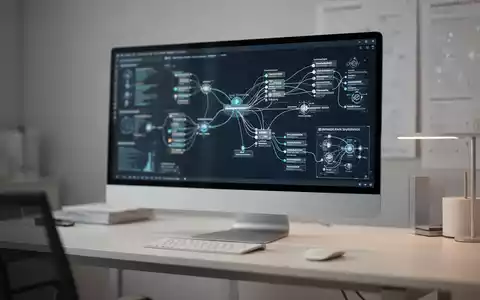 Moderner Arbeitsplatz mit Bildschirm, der komplexe digitale Datenvisualisierung und Wissensarchitektur zeigt. - Foto: über boerse-global.de