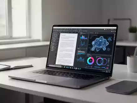 Moderner Büroarbeitsplatz mit Laptop, der professionelle PDF-Bearbeitungssoftware und KI-Datenvisualisierung zeigt. - Foto: über boerse-global.de