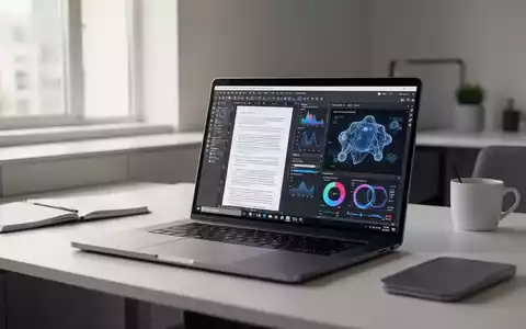 Moderner Büroarbeitsplatz mit Laptop, der professionelle PDF-Bearbeitungssoftware und KI-Datenvisualisierung zeigt. - Foto: über boerse-global.de