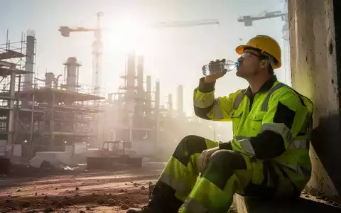 Ein Arbeiter in Warnkleidung macht bei großer Hitze auf einer Baustelle eine Pause und trinkt Wasser. - Foto: über boerse-global.de
