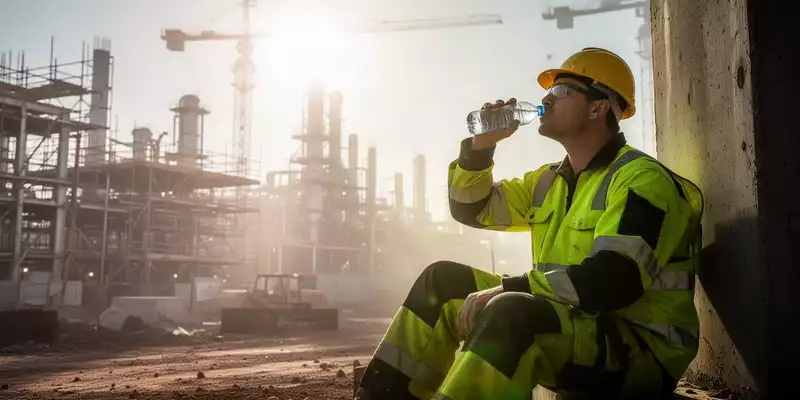 Ein Arbeiter in Warnkleidung macht bei großer Hitze auf einer Baustelle eine Pause und trinkt Wasser. - Foto: über boerse-global.de