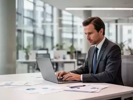 Eine konzentrierte Person in einem modernen Büro arbeitet an einem Laptop, symbolisiert den deutschen Arbeitsalltag. - Foto: über boerse-global.de