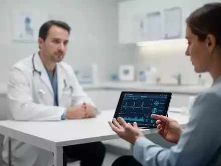 Ein Arzt und ein Patient in einem modernen Behandlungszimmer betrachten gemeinsam Daten auf einem Tablet. - Foto: über boerse-global.de