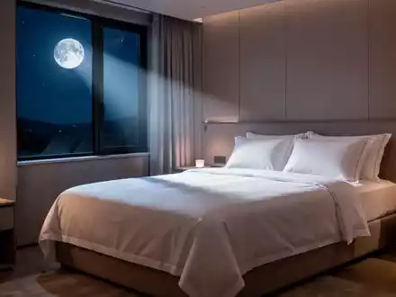 Ein minimalistisch gestaltetes, modernes Schlafzimmer in nächtlicher Atmosphäre mit weichem Licht auf einem ordentlich gemachten Bett. - Foto: über boerse-global.de