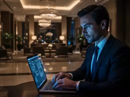 Ein Geschäftsreisender arbeitet in einer luxuriösen Hotellobby an seinem Laptop, während die Beleuchtung eine fokussierte, digitale Atmosphäre schafft. - Foto: über boerse-global.de