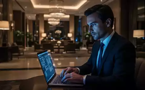 Ein Geschäftsreisender arbeitet in einer luxuriösen Hotellobby an seinem Laptop, während die Beleuchtung eine fokussierte, digitale Atmosphäre schafft. - Foto: über boerse-global.de