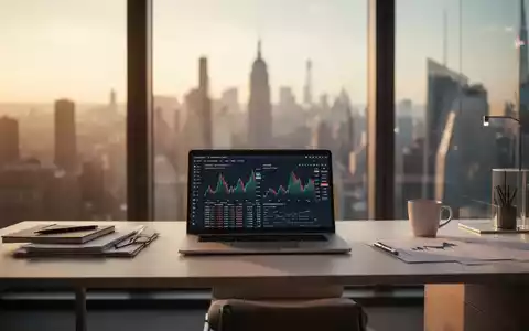 Ein minimalistischer, moderner Arbeitsplatz mit einer verschwommenen Skyline im Hintergrund bei warmem Licht. - Foto: über boerse-global.de