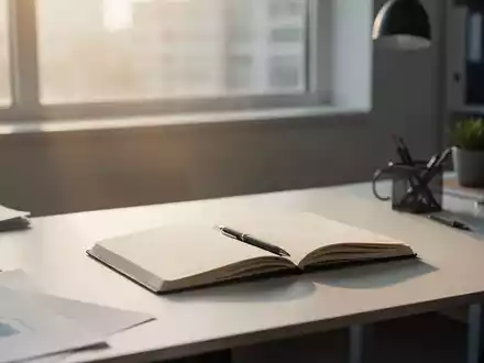 Ein aufgeräumter, heller Schreibtisch mit einem Notizbuch, das eine Atmosphäre von Fokus und Produktivität vermittelt. - Foto: über boerse-global.de