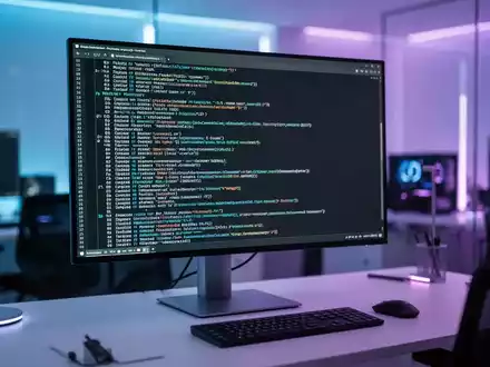 Ein moderner Arbeitsplatz mit einem Monitor, auf dem komplexe Terminal-Befehle in einer Entwicklungsumgebung zu sehen sind. - Foto: ĂŒber boerse-global.de