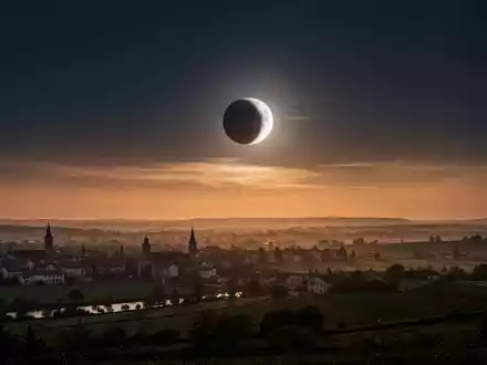 Eine partielle Sonnenfinsternis am Abendhimmel über einer ruhigen Landschaft während des Sonnenuntergangs. - Foto: über boerse-global.de