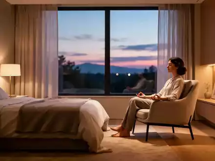 Eine Person praktiziert in einem modern eingerichteten, ruhig beleuchteten Schlafzimmer Achtsamkeitsübungen zur Entspannung. - Foto: über boerse-global.de
