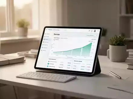 Ein aufgeräumter Schreibtisch mit einem Tablet, das Finanzgrafiken für eine Burnout-Vorsorge anzeigt. - Foto: über boerse-global.de