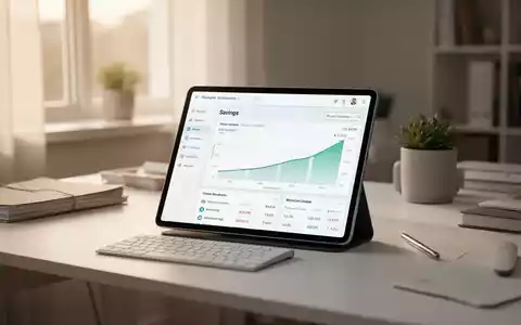 Ein aufgeräumter Schreibtisch mit einem Tablet, das Finanzgrafiken für eine Burnout-Vorsorge anzeigt. - Foto: über boerse-global.de