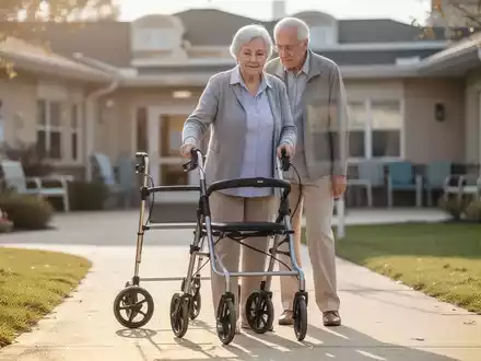 Eine ältere Person trainiert im Freien den sicheren Umgang mit einem Rollator zur Sturzprävention. - Foto: über boerse-global.de