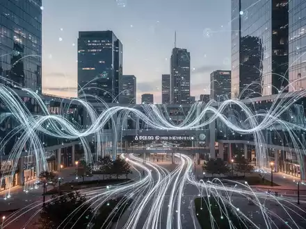 Moderne Stadtlandschaft bei Dämmerung mit symbolisierten digitalen Lichtleitern und architektonischer Vernetzung. - Foto: über boerse-global.de
