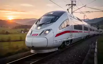 Ein moderner ICE-Zug fährt bei Sonnenuntergang durch eine Landschaft, symbolisch für die Pünktlichkeit der Deutschen Bahn. - Foto: über boerse-global.de