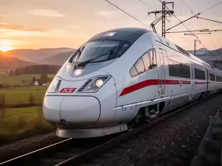 Ein moderner ICE-Zug fährt bei Sonnenuntergang durch eine Landschaft, symbolisch für die Pünktlichkeit der Deutschen Bahn. - Foto: über boerse-global.de