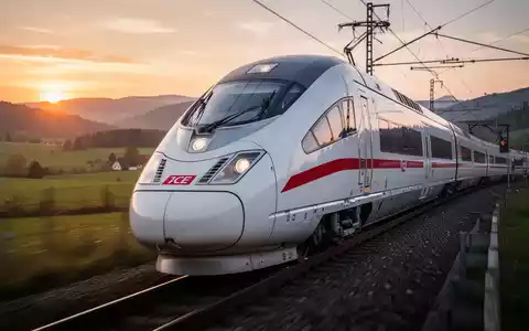 Ein moderner ICE-Zug fährt bei Sonnenuntergang durch eine Landschaft, symbolisch für die Pünktlichkeit der Deutschen Bahn. - Foto: über boerse-global.de