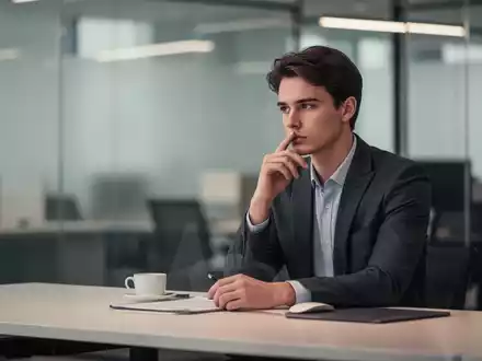 Ein nachdenklicher junger Erwachsener sitzt an einem modernen Schreibtisch in einem Büro. - Foto: über boerse-global.de