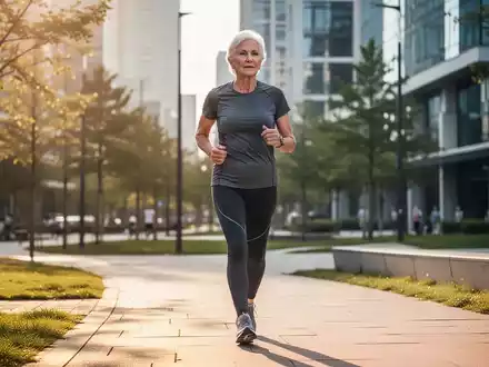 Eine ältere Person geht zügig durch einen sonnigen Park, um Bewegung und Gesundheit zu symbolisieren. - Foto: über boerse-global.de