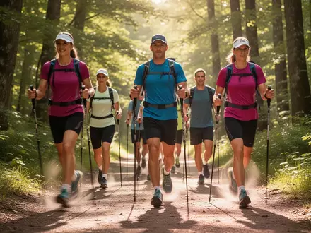 Eine Gruppe von Personen beim Nordic Walking auf einem sonnigen Waldweg im Sommer. - Foto: über boerse-global.de