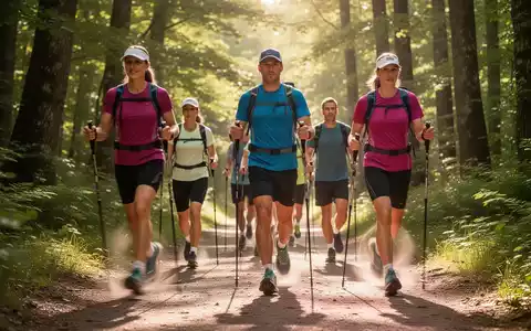 Eine Gruppe von Personen beim Nordic Walking auf einem sonnigen Waldweg im Sommer. - Foto: über boerse-global.de