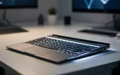 Schlankes, modernes Ultraportable-Laptop auf minimalistischem Büroschreibtisch mit weicher, filmischer Beleuchtung. - Foto: über boerse-global.de